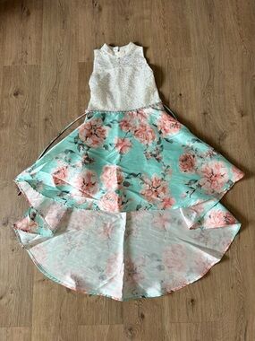 Speechless Girls White Lace and Mint Floral High-Low Dress
